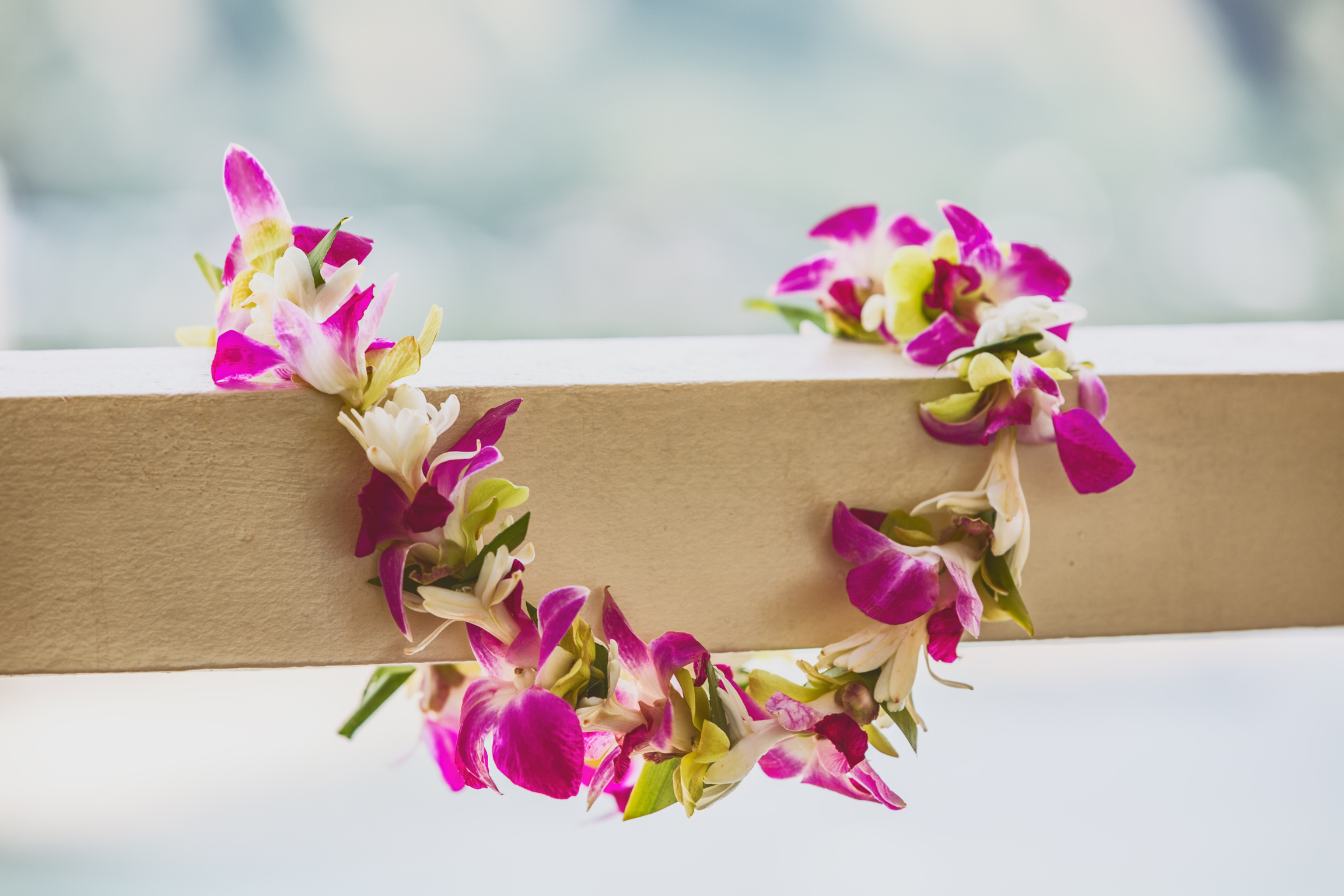 Hawaii Luau Icon Travel Concept: Fresh Lei Flowers Necklace, Kauai Hawaiian Island Tropical Vacation Background